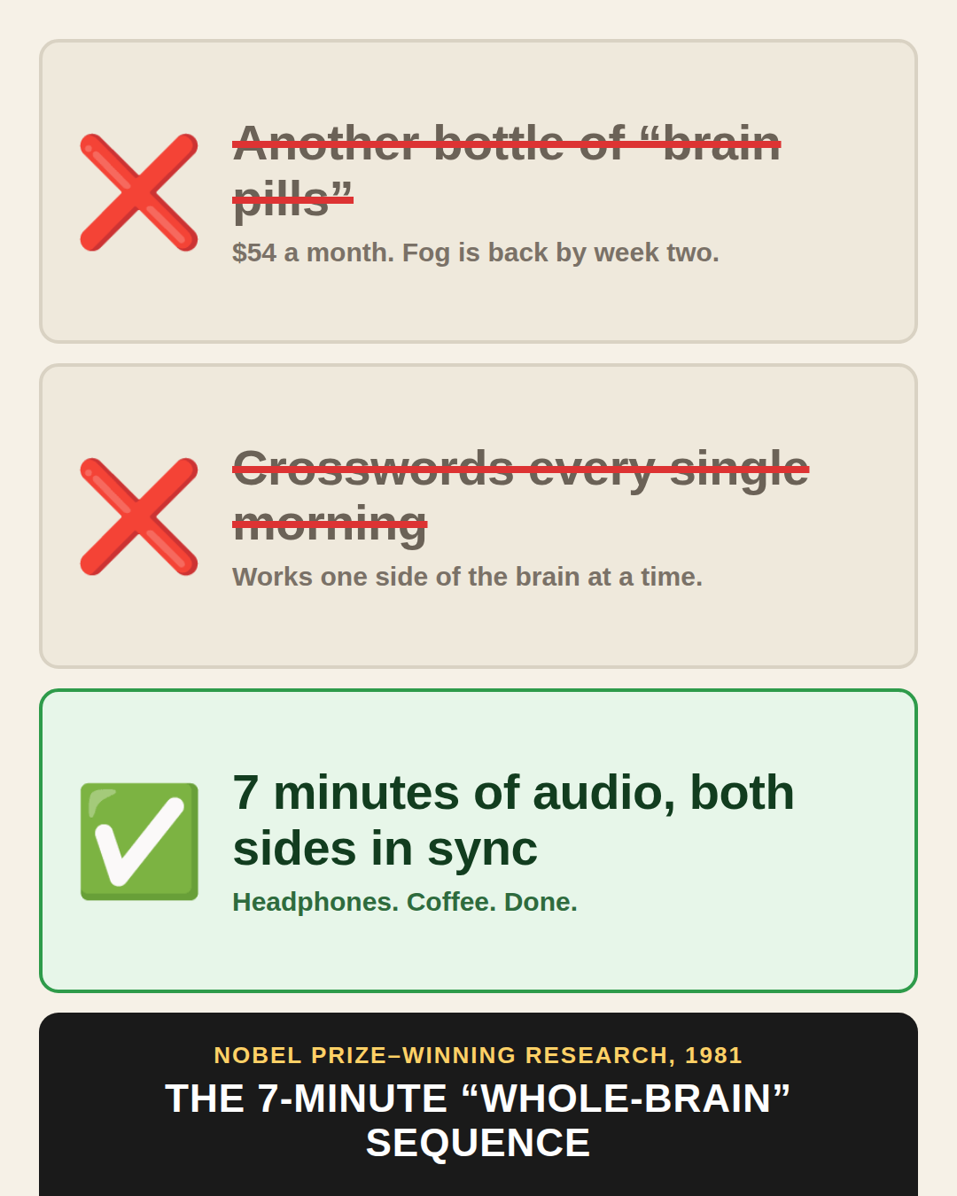 Two wrong approaches crossed out, one simple 7-minute audio approach checked